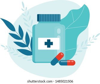 Natural organic ingredients. Pharmacy Medicine Drug Pill Bottle. Drugstore Infographic Background. Nature health. Flat Cartoon Vector Illustration