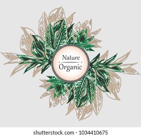 Natural organic label, badge or sticker with text for cosmetics, products, food, print, card, wrapping, menu. Hand drawn bio and eco product design with green leaves. Vector illustration.