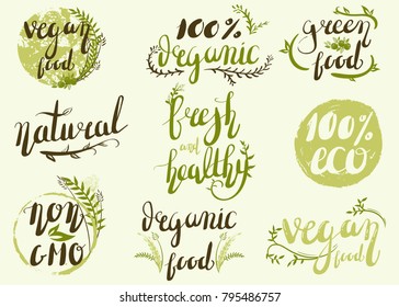 Natural organic labels. Organic food stickers and elements.Hand-lettering 