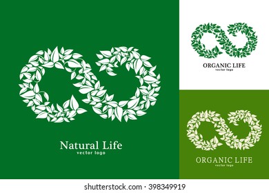 Natural and organic life. Vector eco emblem logo design template. Green concept of natural products. Infinity of leaves