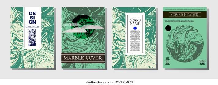 Natural, Organic Lines Vector Marbling Covers. Trendy A4 Green, Blue Waves Background. Marble Stone Texture Presentation, Invitation. Ebru, Suminagashi, Liquid Paint Corporate Identity Marbling Covers
