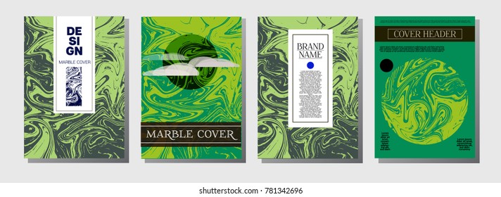 Natural, Organic Lines Vector Marbling Covers. Elegant A4 Greenery Hipster Background. Marble Stone Texture, Funky Presentation. Ebru, Suminagashi, Liquid Paint Corporate Identity Marbling Covers