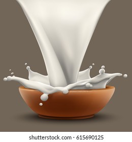 Natural organic milk pouring in clay bowl with big splash isolated vector realistic illustration. Ready for label design and advertising needs