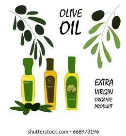 Natural organic olive oil. Hand drawn vector illustration templates for olive oil packaging.