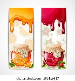 Natural organic orange and raspberry berries jam glass jar vertical banners isolated vector illustration