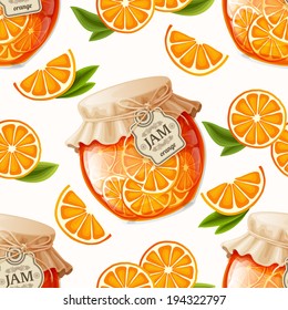 Natural organic orange slices jam jar and leaves seamless pattern vector illustration