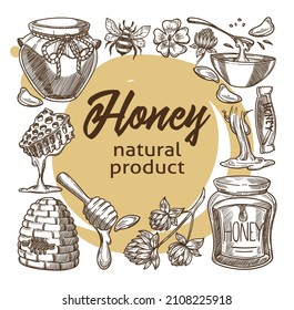Natural and organic product, honey produced at farm, beekeeping and usage of liquid in culinary and cosmetics. Skincare and wellness, monochrome sketch outline. Vector in flat style illustration