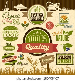 Natural organic product labels, emblems, logo and badges. Set of Fresh Organic design elements and natural food illustration and Eco web icon. Easy editable for your design.