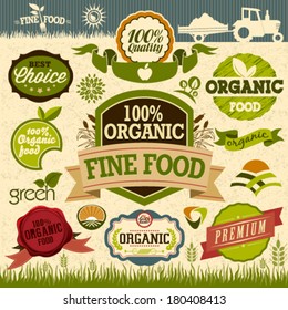 Natural organic product labels, emblems, logo and badges. Set of Fresh Organic design elements and natural food illustration and Eco web icon. Easy editable for your design.