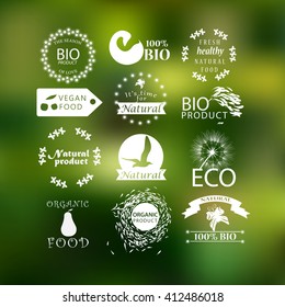 Natural organic product labels, emblems and badges. Set of design elements