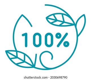 Natural and organic products, 100 ecologically friendly sign. Isolated label or icon with leaves decoration, twigs and branches ornaments for package design. Line art, simple vector in flat style