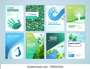 Natural And Organic Products Brochure Cover Design And Flyer Layout Templates Collection. Vector Illustrations For Marketing Material, Ads And Magazine, Product Presentation Templates.