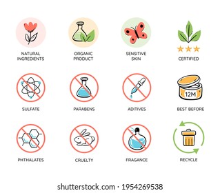 Natural and organic products icon set. Toxic free emblems. No animal tested, natural cosmetic icons. Recycle and organic cerified. Colorful vector illustration.