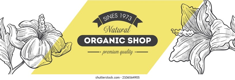 Natural and organic products in shop or market store. Decorative flowers in blossom and calligraphic text with ribbon and text, advertisement leaflet or banner for website or page. Vector in flat