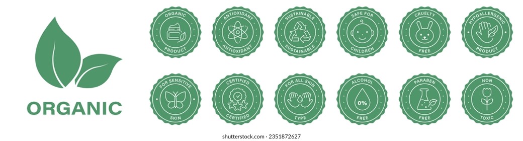 Natural Organic Safe Product Stamp Set. Product for Sensitive Skin Sticker Collection. Sustainable Eco-Friendly Green Label, No Allergen Seal. Cruelty-Free Cosmetic. Isolated Vector Illustration.