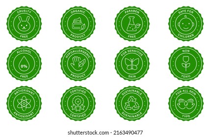 Natural Organic Safety Product Skin Stamp Set. Cruelty Free, No Allergen, Safe Cosmetic Green Label. Delicate Sensitive Product Sticker. Sustainable Eco Friendly Seal. Isolated Vector Illustration.