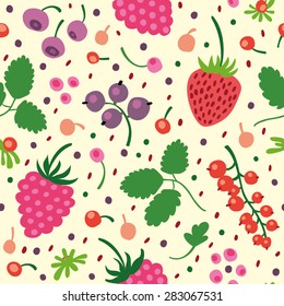 Natural organic. Seamless pattern with berries: strawberries, raspberries, currants, sloes. 
