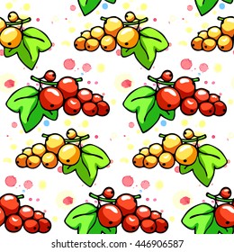 Natural organic seamless pattern with cartoon juicy  currant. Vector illustration. Isolated, outline. Fruit and garden berry colorful web icon hand drawn. doodle style. on watercolor drops background