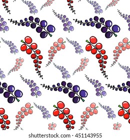 Natural organic seamless pattern with cartoon juicy red, black currant. Vector illustration. Isolated, outline. Fruit and garden berry colorful web icon hand drawn. doodle style. on white background