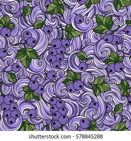 Natural organic seamless pattern with cartoon juicy currant. Vector illustration outline. Fruit and garden berry colorful  hand drawn  doodle style 