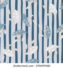 Natural organic seamless pattern with random rowan berries shapes. Navy blue and grey striped background. Designed for fabric design, textile print, wrapping, cover. Vector illustration.