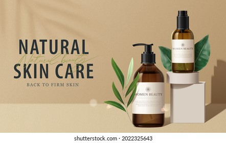 Natural or organic skin care product ad template. Bottle mock-ups set on plaster square podium in 3d illustration on light brown background.