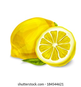 Natural organic sour cut and sliced lemon with leaf tropical fruit decorative poster or emblem isolated vector illustration