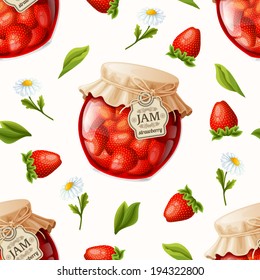 Natural organic strawberry berry jam jar flowers and leaves seamless pattern vector illustration