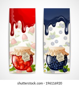 Natural organic strawberry blueberry jam glass jar vertical banners isolated vector illustration