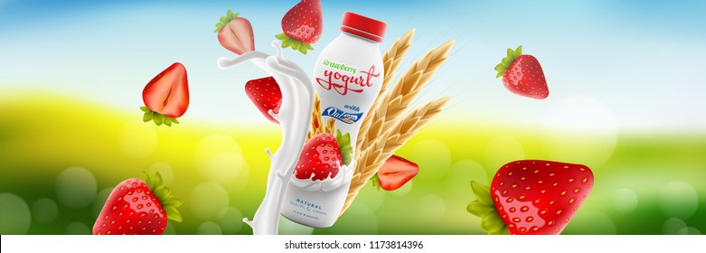 Natural organic strawberry yogurt with oats bottle on bright nature background, ready for branding and commercial use, flyer realistic illustration