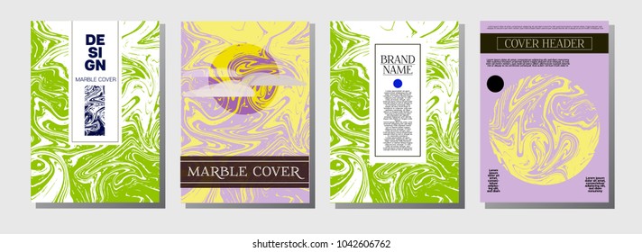 Natural, Organic Style Vector Marble Covers. Cool A4 Green, Purple Funky Hipster Texture. Marble Stone Texture Presentation, Invitation. Ebru, Suminagashi, Liquid Paint, Paper, Card, Marbling Covers