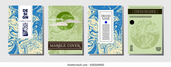 Natural, Organic Style Vector Marble Covers. Cool A4 Green, Blue Ebru Background. Marble Stone Texture, Newspaper Template. Ebru, Suminagashi, Liquid Paint Corporate Identity Marbling Covers