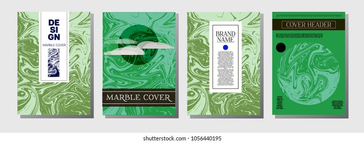 Natural, Organic Style Vector Marble Covers. Cool A4 Greenery Futuristic Background. Marble Stone Texture, Funky Presentation. Ebru, Suminagashi, Liquid Paint, Paper, Card, Marble Covers