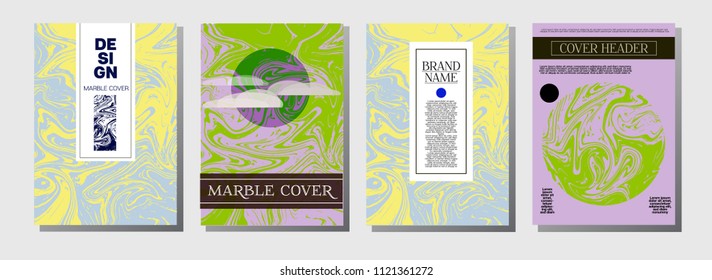 Natural, Organic Style Vector Marble Covers. Cool A4 Green, Purple Funky Hipster Texture. Marble Stone Texture, Journal Template. Ebru, Suminagashi, Liquid Paint, Paper, Card, Marbling Covers