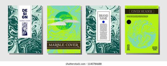 Natural, Organic Style Vector Marble Covers. Elegant A4 Greenery Hipster Background. Marble Stone Texture Presentation, Invitation. Ebru, Suminagashi, Liquid Paint Corporate Identity Marbling Covers