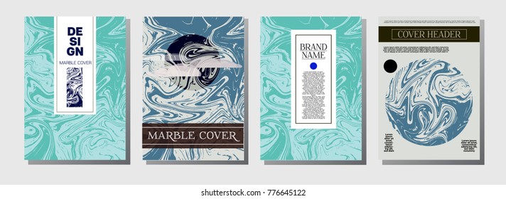 Natural, Organic Style Vector Marble Covers. Cool A4 Greenery Futuristic Background. Marble Stone Texture, Newspaper Template. Ebru, Suminagashi, Liquid Paint, Paper, Card, Marbling Covers