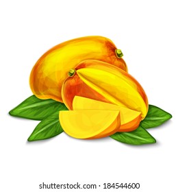 Natural organic sweet cut and sliced mango tropical fruit decorative poster or emblem isolated vector illustration