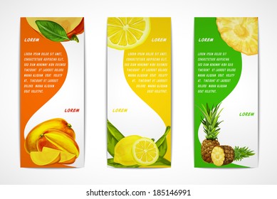 Natural organic tropical fruits vertical banners set of mango lemon pineapple design template vector illustration