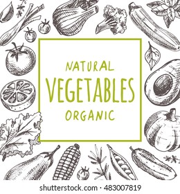 Natural organic vegetables card. Hand drawn vector illustration. Can be used for poster, banner, sticker, placard and other design.