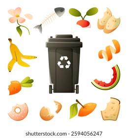 Natural organic waste around a garbage can. Container for sorting garbage. Rotting food. Expired food. Watermelon rind, moldy bread, eggshells. Sorting garbage, ecological habit, ecological problem.