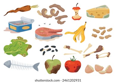 Natural organic waste. Spoiled vegetables or fruits. Rotting food. Moldy products with expired shelf life. Recyclable garbage. Cheese with mildew. Stinking canned fish