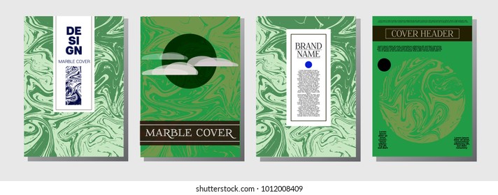 Natural, Organic Waves Vector Marbling Covers. Cool A4 Greenery Futuristic Background. Marble Stone Texture, Newspaper Template. Ebru, Suminagashi, Liquid Paint Marbling Covers.