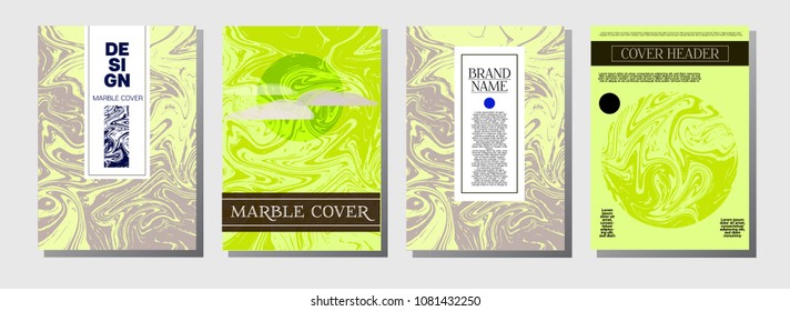 Natural, Organic Waves Vector Marbling Covers. Trendy A4 Green, Blue Waves Background. Marble Stone Texture, Journal Template. Ebru, Suminagashi, Liquid Paint Corporate Identity Marbling Covers