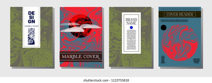 Natural, Organic Waves Vector Marbling Covers. Cool A4 Green, Purple Funky Hipster Texture. Marble Stone Texture Presentation, Invitation. Ebru, Suminagashi, Liquid Paint Marbling Covers.