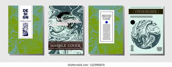 Natural, Organic Waves Vector Marbling Covers. Cool A4 Green, Blue Ebru Background. Marble Stone Texture, Funky Presentation. Ebru, Suminagashi, Liquid Paint, Paper, Card, Marble Covers