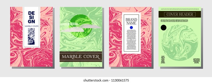 Natural, Organic Waves Vector Marbling Covers. Cool A4 Green, Purple Journal Background. Marble Stone Texture, Funky Presentation. Ebru, Suminagashi, Liquid Paint, Paper, Card, Marble Covers