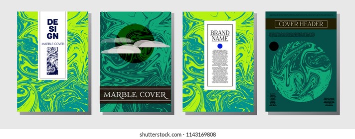 Natural, Organic Waves Vector Marbling Covers. Cool A4 Green, Blue Ebru Background. Marble Stone Texture, Journal Template. Ebru, Suminagashi, Liquid Paint Marbling Covers.