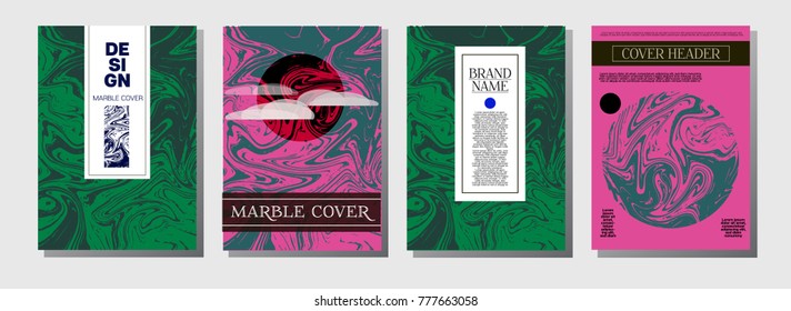 Natural, Organic Waves Vector Marbling Covers. Cool A4 Green, Purple Journal Background. Marble Stone Texture, Corporate Identity. Ebru, Suminagashi, Liquid Paint, Paper, Card, Marble Covers