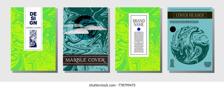 Natural, Organic Waves Vector Marbling Covers. Trendy A4 Green, Blue Waves Background. Marble Stone Texture, Newspaper Template. Ebru, Suminagashi, Liquid Paint Corporate Identity Marbling Covers
