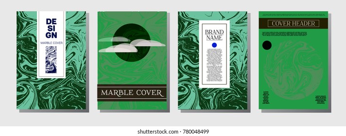 Natural, Organic Waves Vector Marbling Covers. Elegant A4 Greenery Hipster Background. Marble Stone Texture, Funky Presentation. Ebru, Suminagashi, Liquid Paint Marbling Covers.
